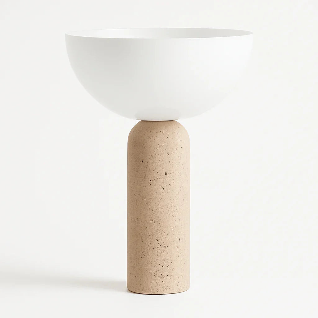 Japandi gift ideas: travertine table lamp with a warm glow