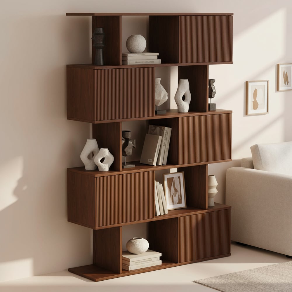 Japandi walnut sliding door bookshelf