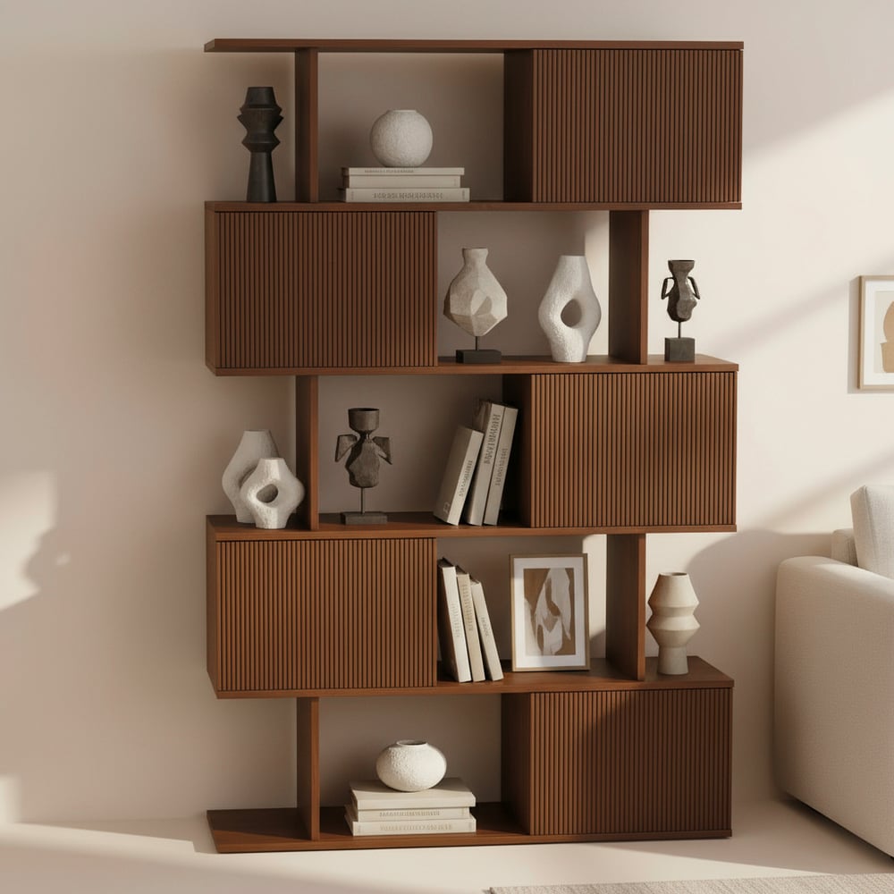 Japandi walnut sliding door bookshelf