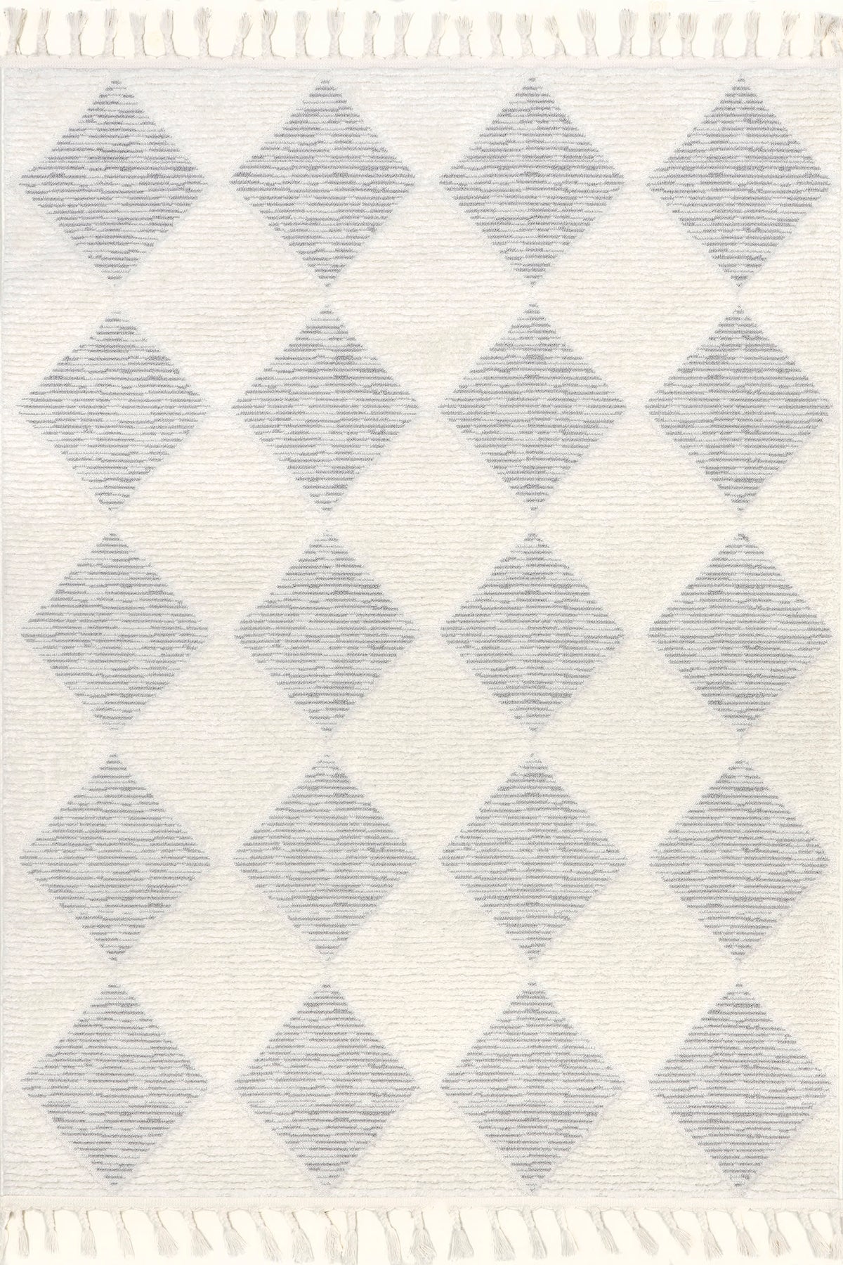 Japandi off-white rug with grey diamond pattern and tassels