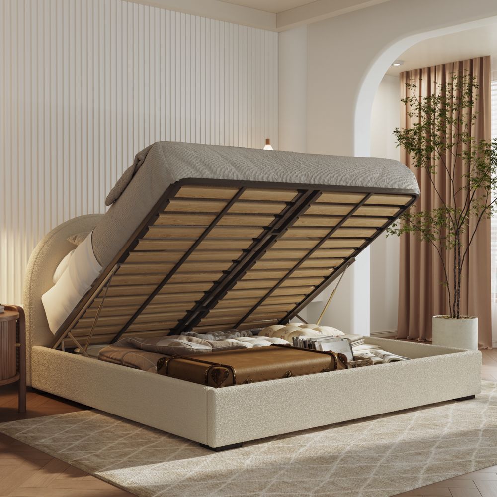 Japandi Hydraulic Lift-Up Bouclé Platform Bed