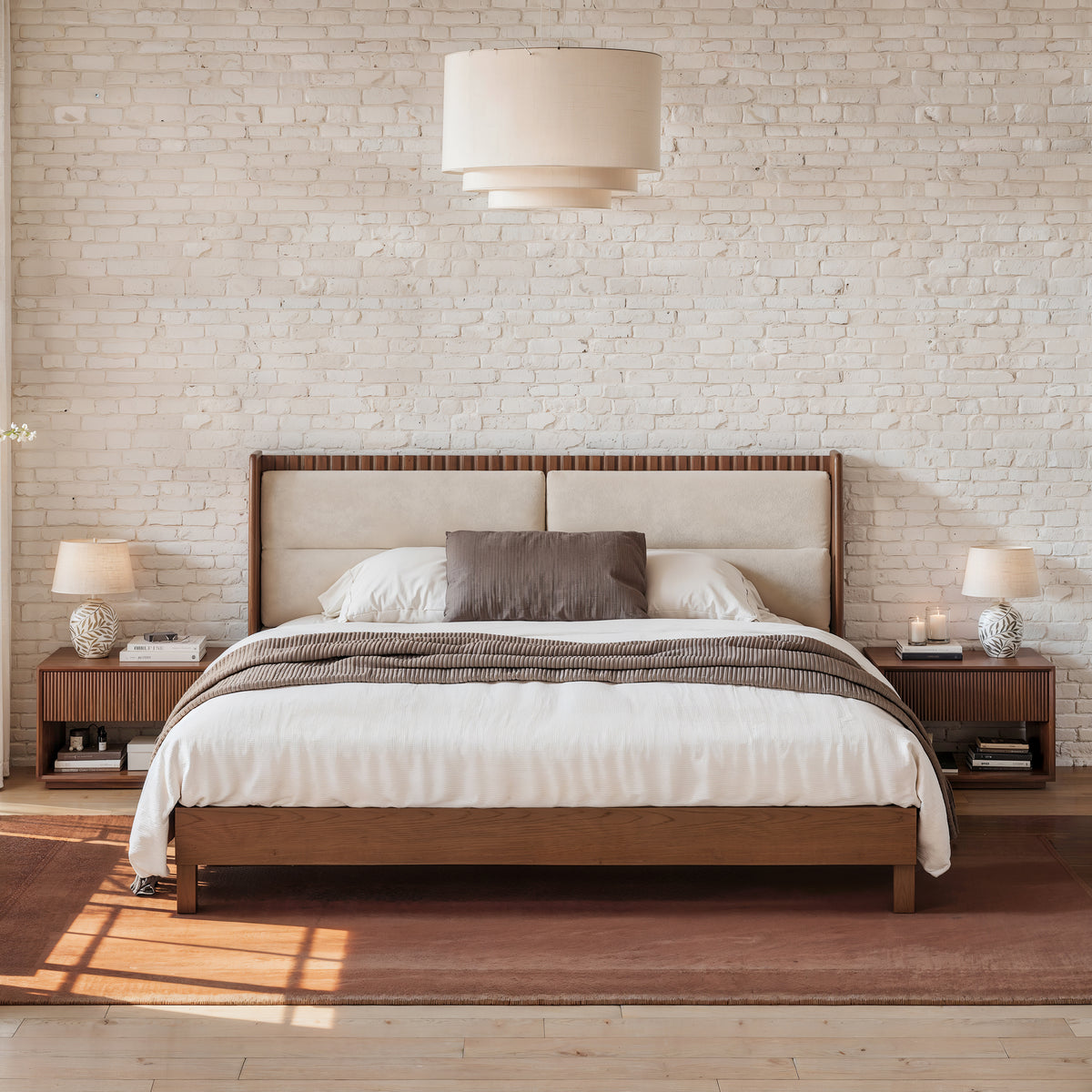 Japandi walnut wood bed with boucle headboard in a bedroom