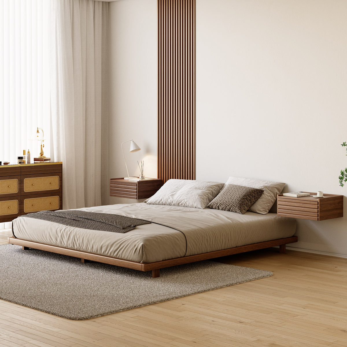 Japanese low wood floor bed in walnut in a calm bedroom
