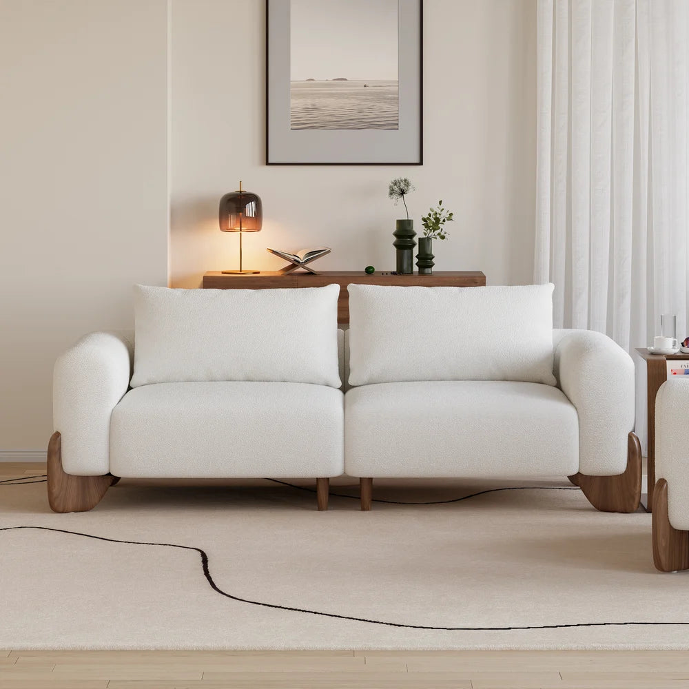 Japandi Wood and Bouclé Sofa