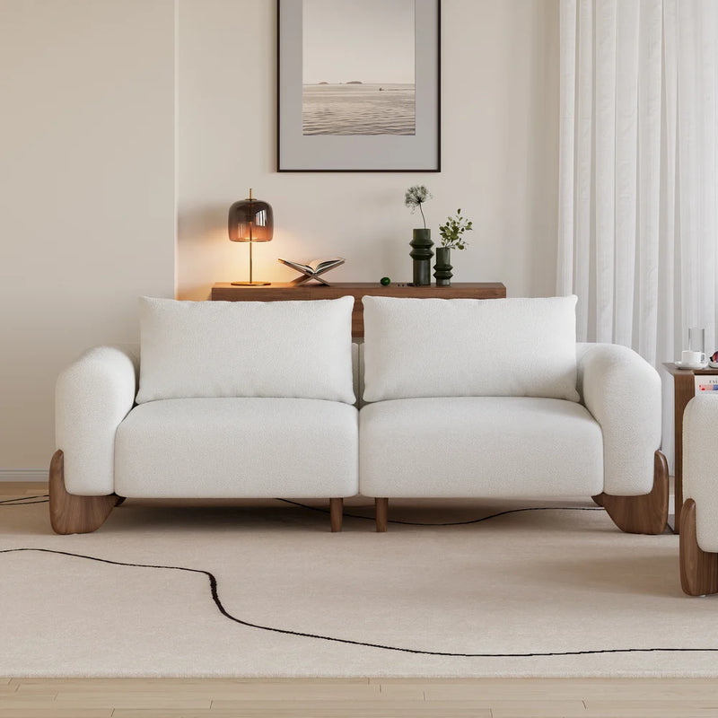 Japandi Wood and Bouclé Sofa