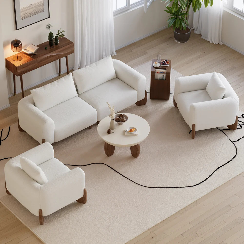 Japandi Wood and Bouclé Sofa