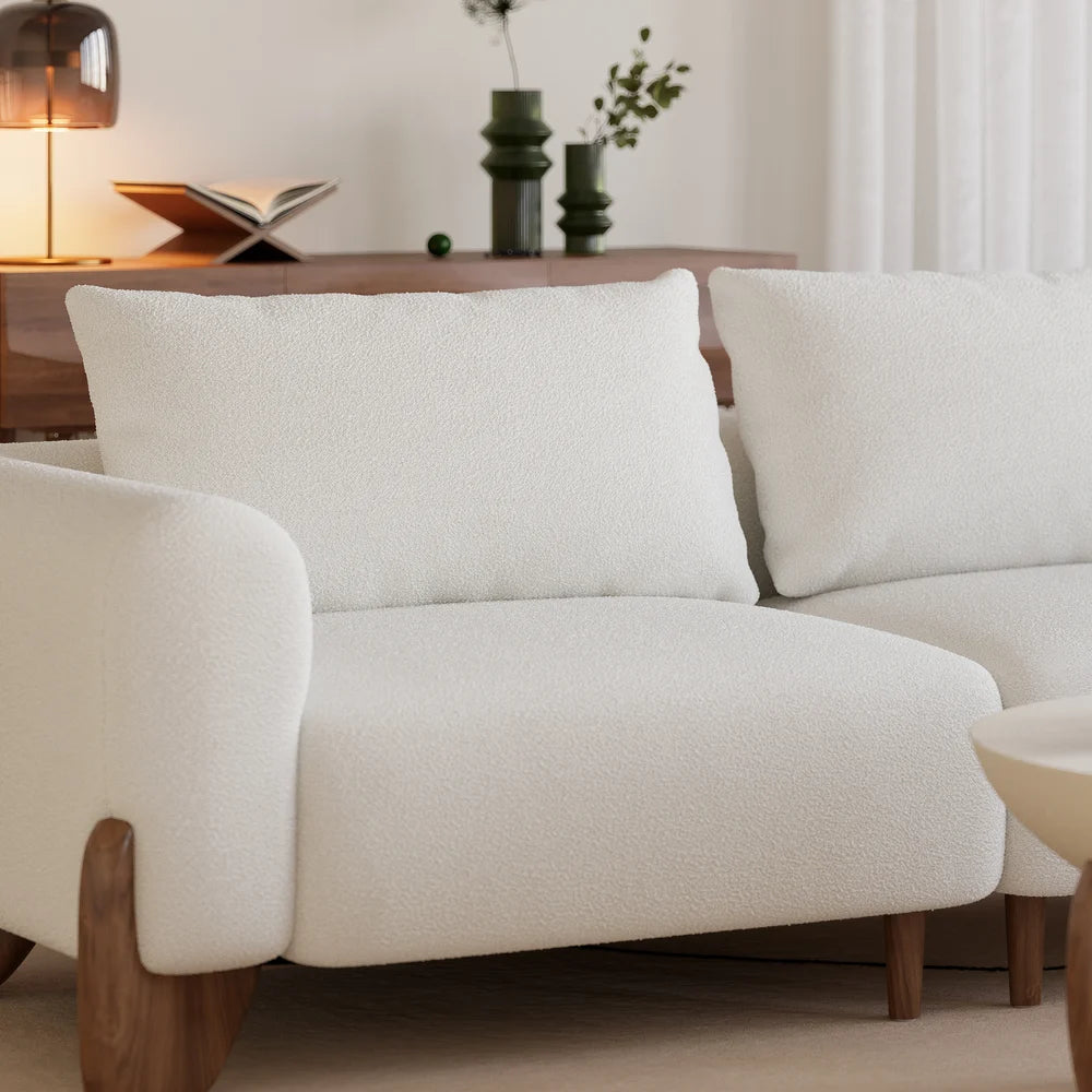 Japandi Wood and Bouclé Sofa