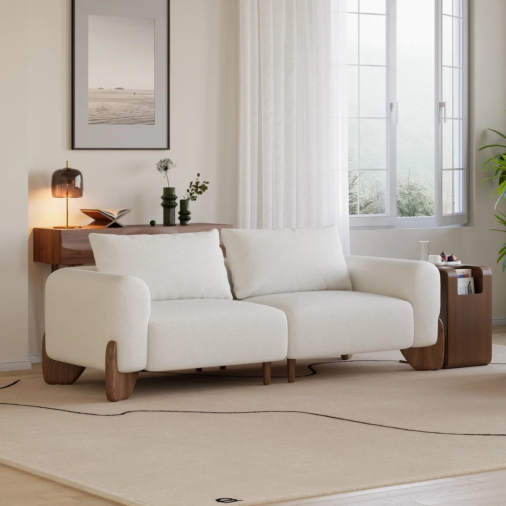 Japandi Wood and Bouclé Sofa