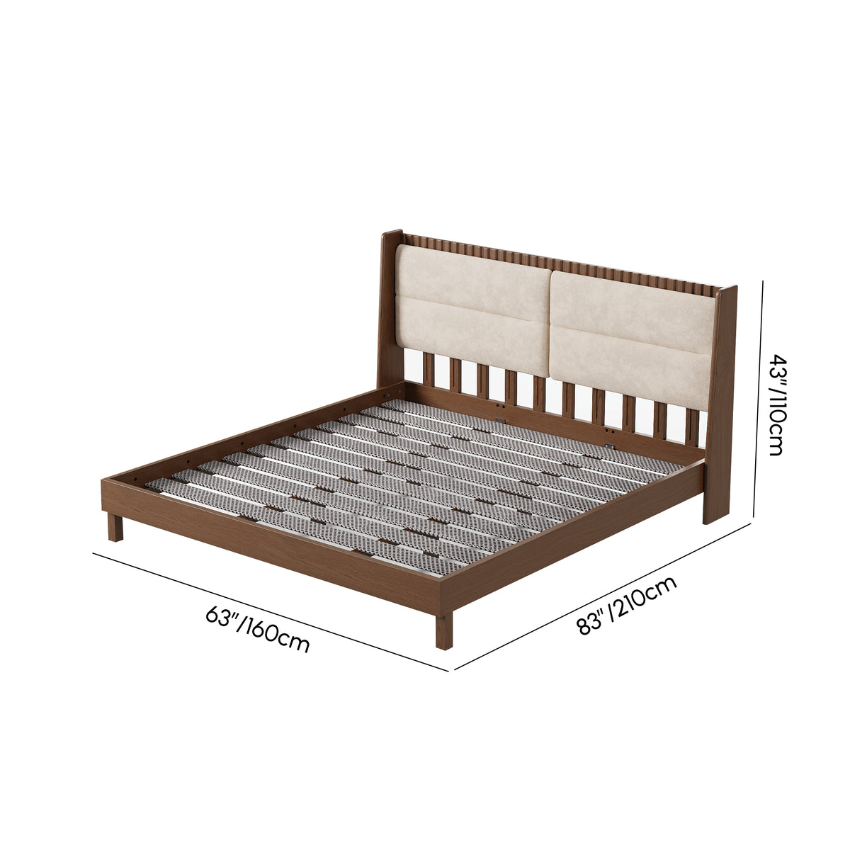 Walnut bed dimensions: 63 x 83 x 43 inches