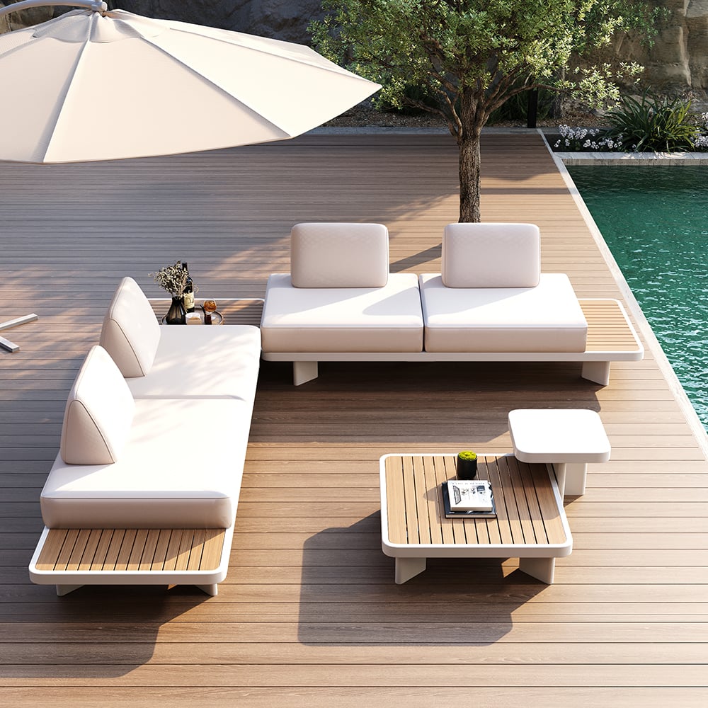 l shaped patio furniture umbrella Japandi 5-Piece L-Shape Sectional Sofa Set With Wood Coffee Table