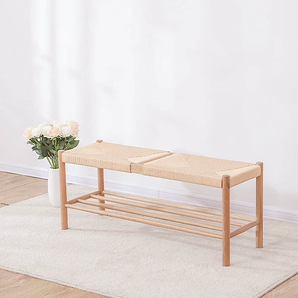 Japandi Wood & Rattan Bench