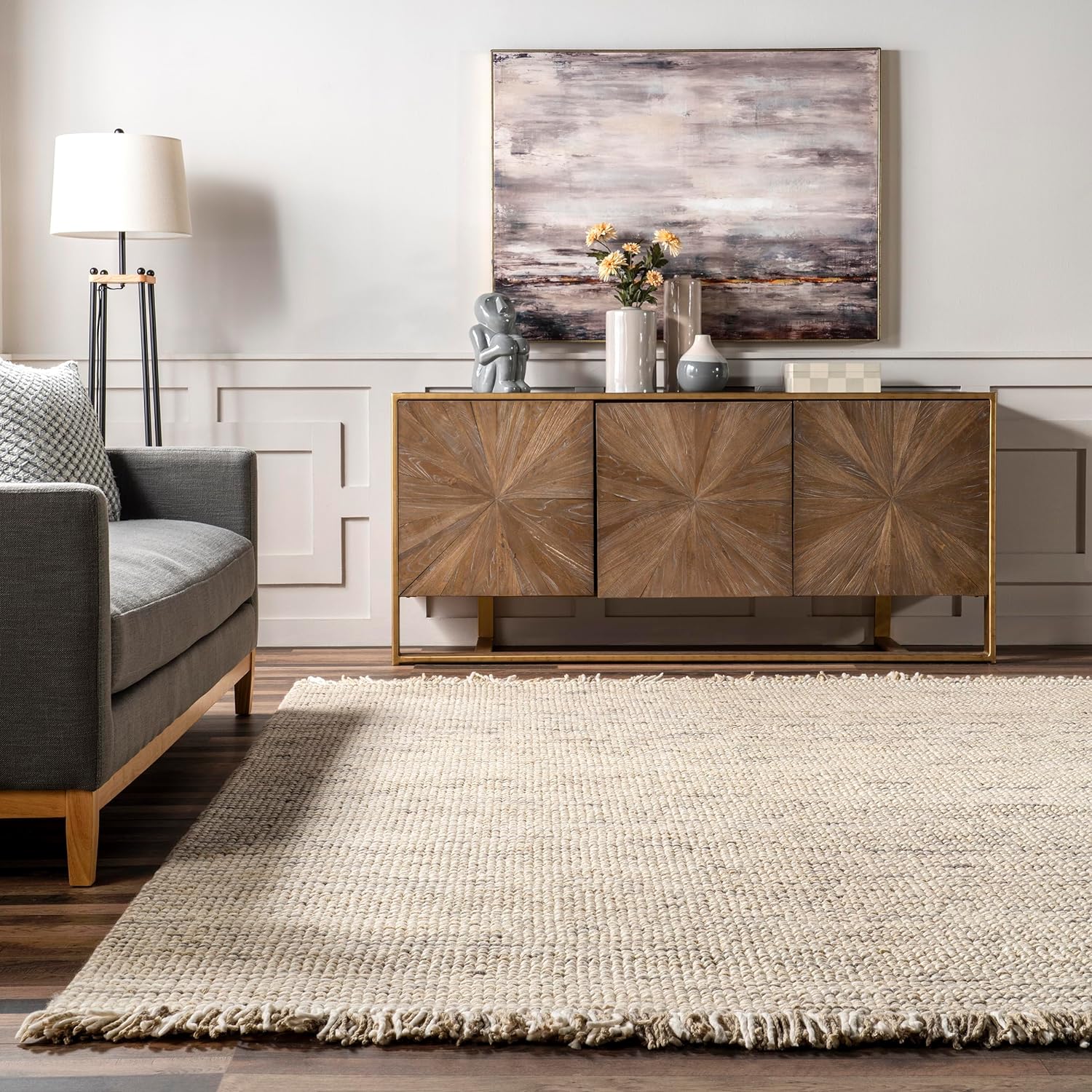 Japandi Beige Wool Tasseled Rug