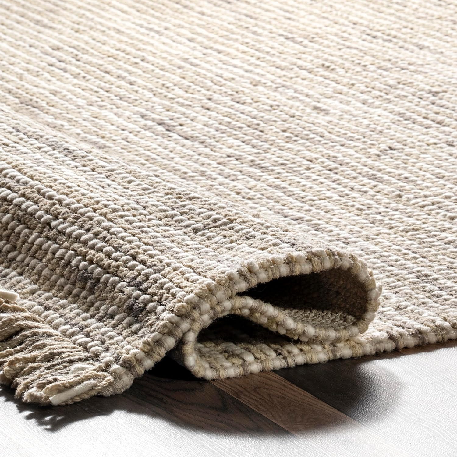 Japandi Beige Wool Tasseled Rug