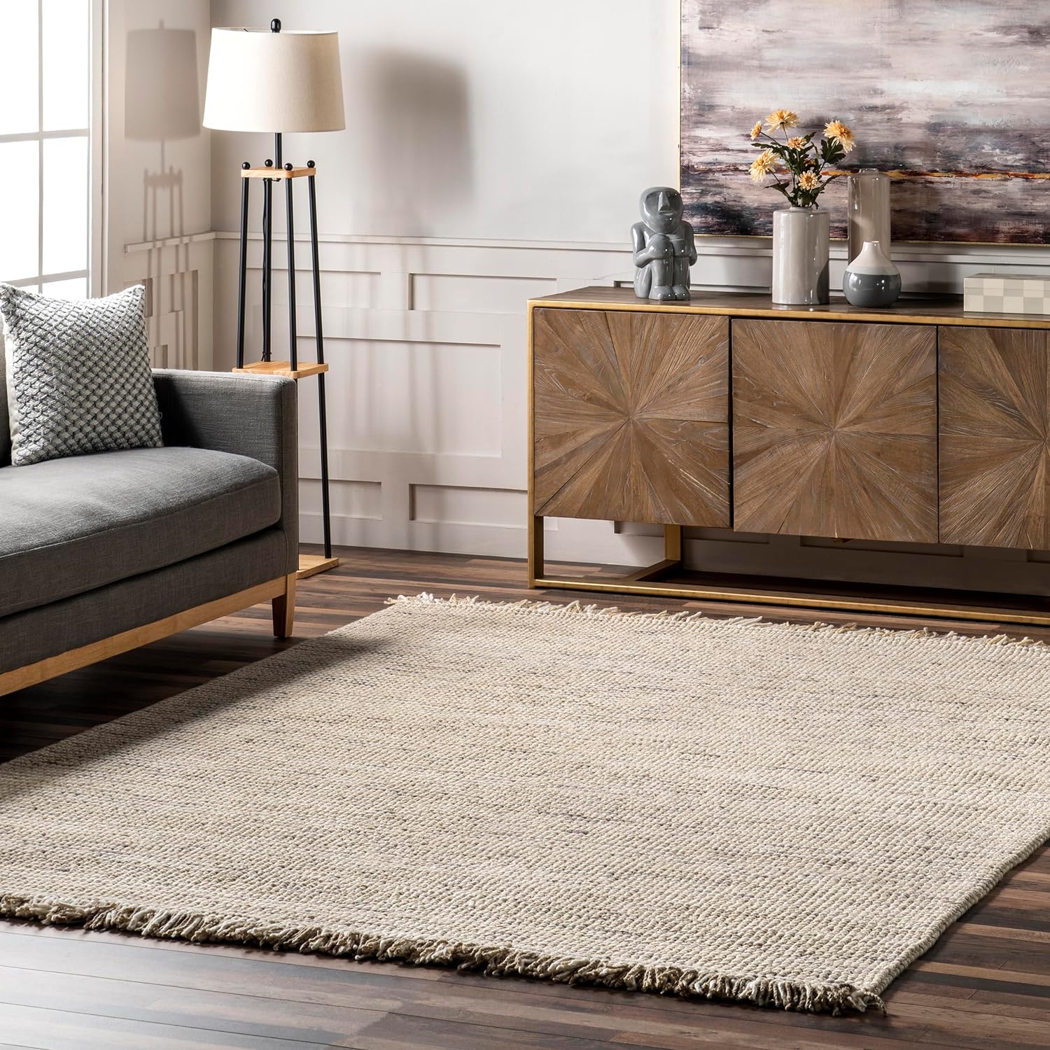 Japandi Beige Wool Tasseled Rug