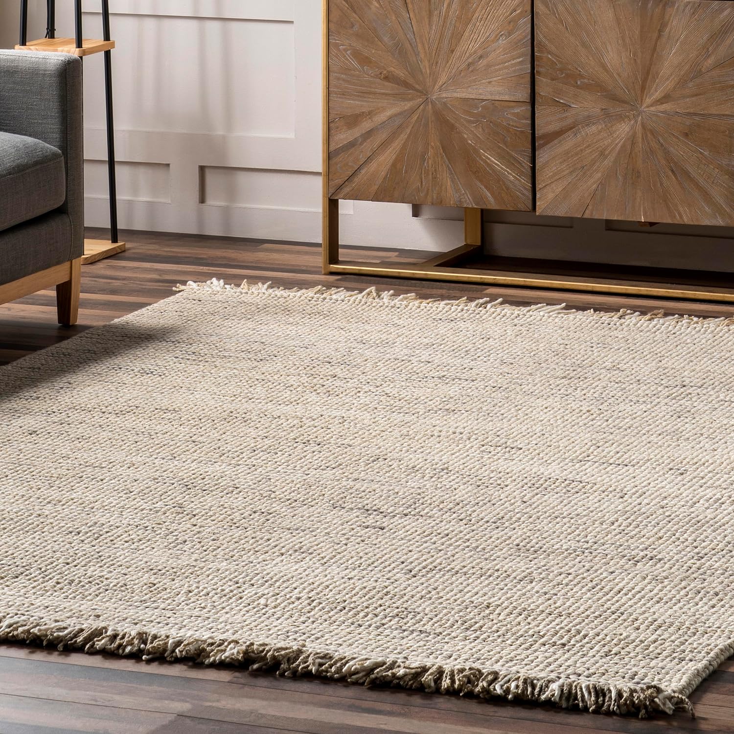 Japandi Beige Wool Tasseled Rug