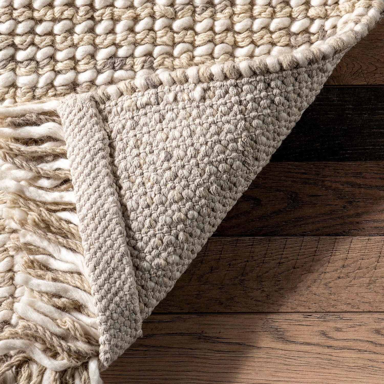 Japandi Beige Wool Tasseled Rug