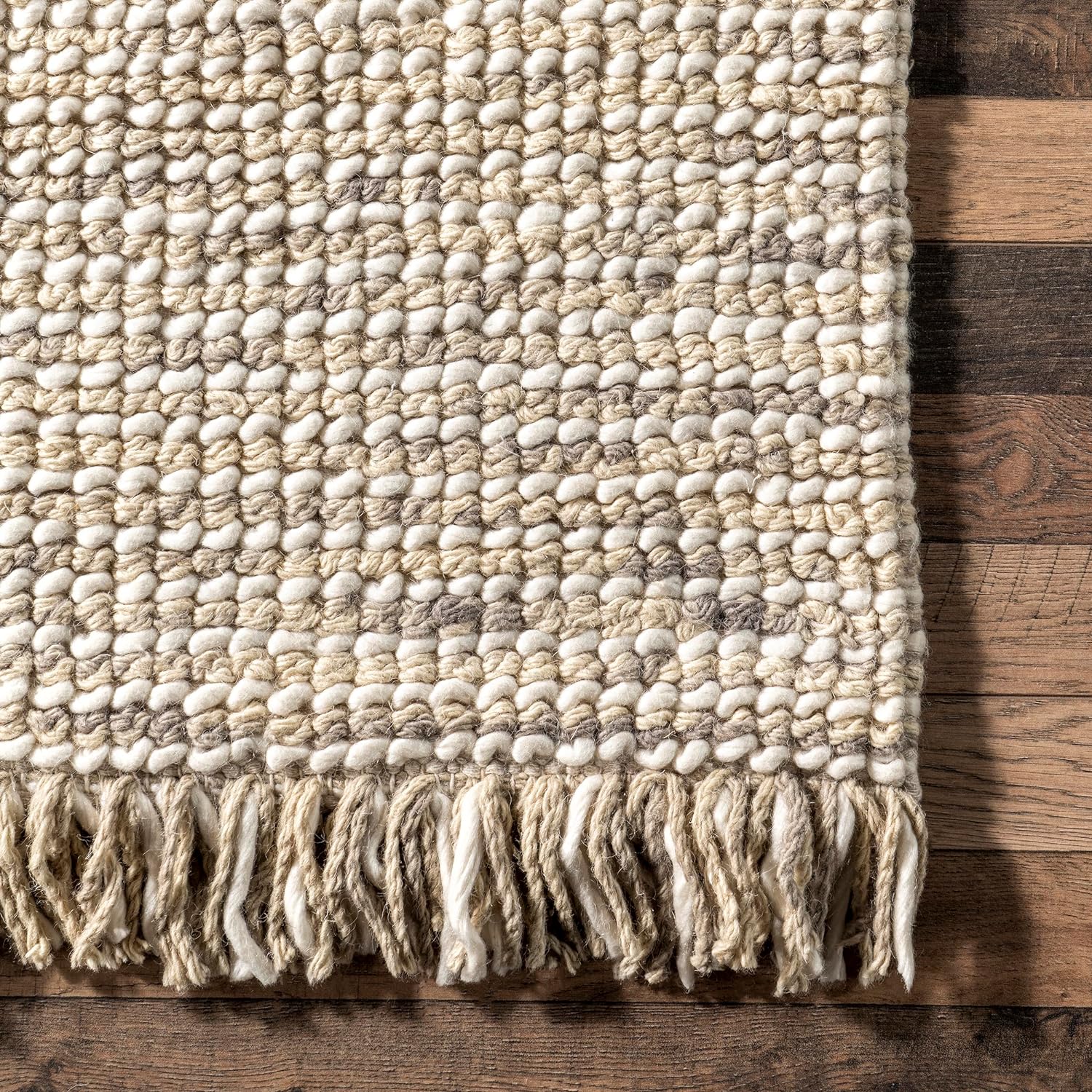 Japandi Beige Wool Tasseled Rug
