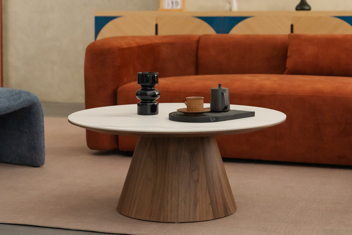 Japandi Walnut & Stone Pedestal Coffee Table - Pure Root