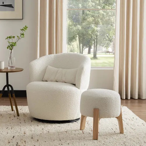 Japandi Wood & Boucle Ottoman