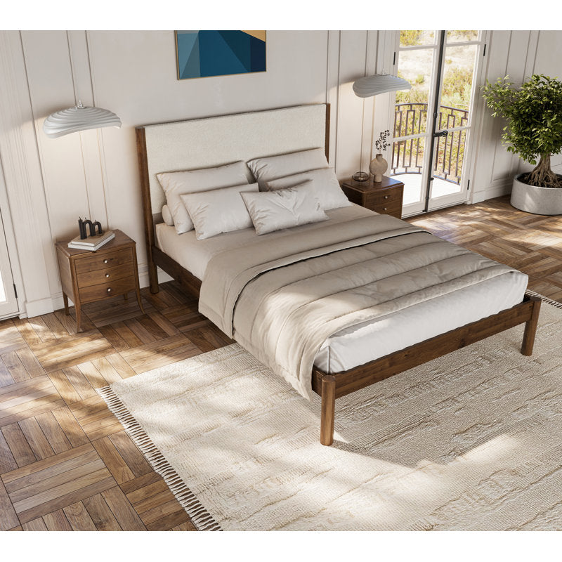 Japandi Wood Bed with Cream Boucle Headboard - Ardin