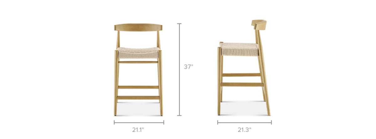 Japandi Woven Cord Counter Stool - Austen, White Wash – dimensions