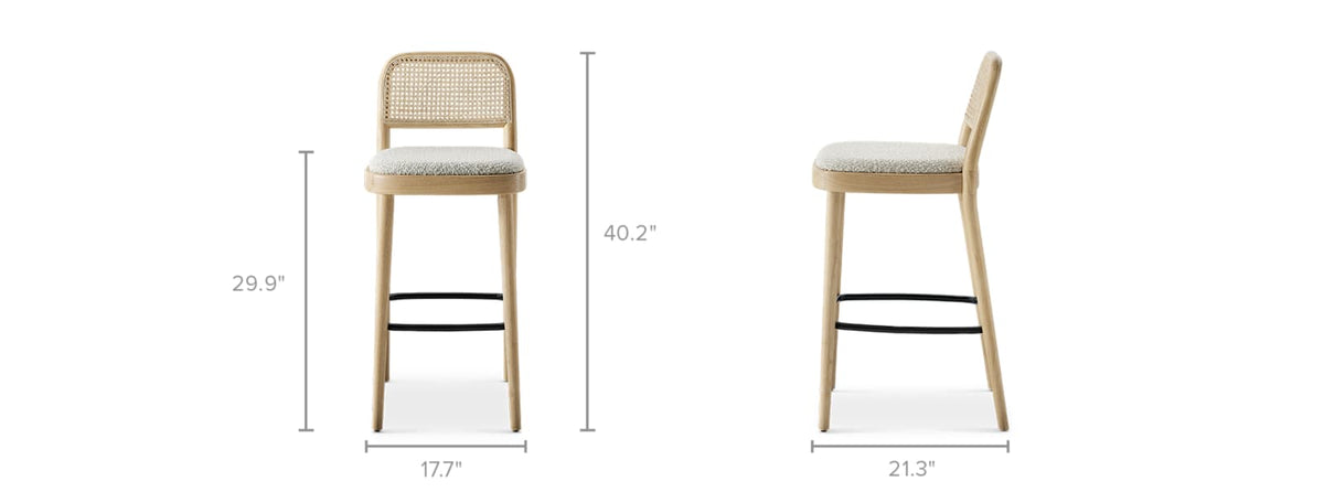 Japandi Cane Bar Stool - Edith, White Wash – dimensions