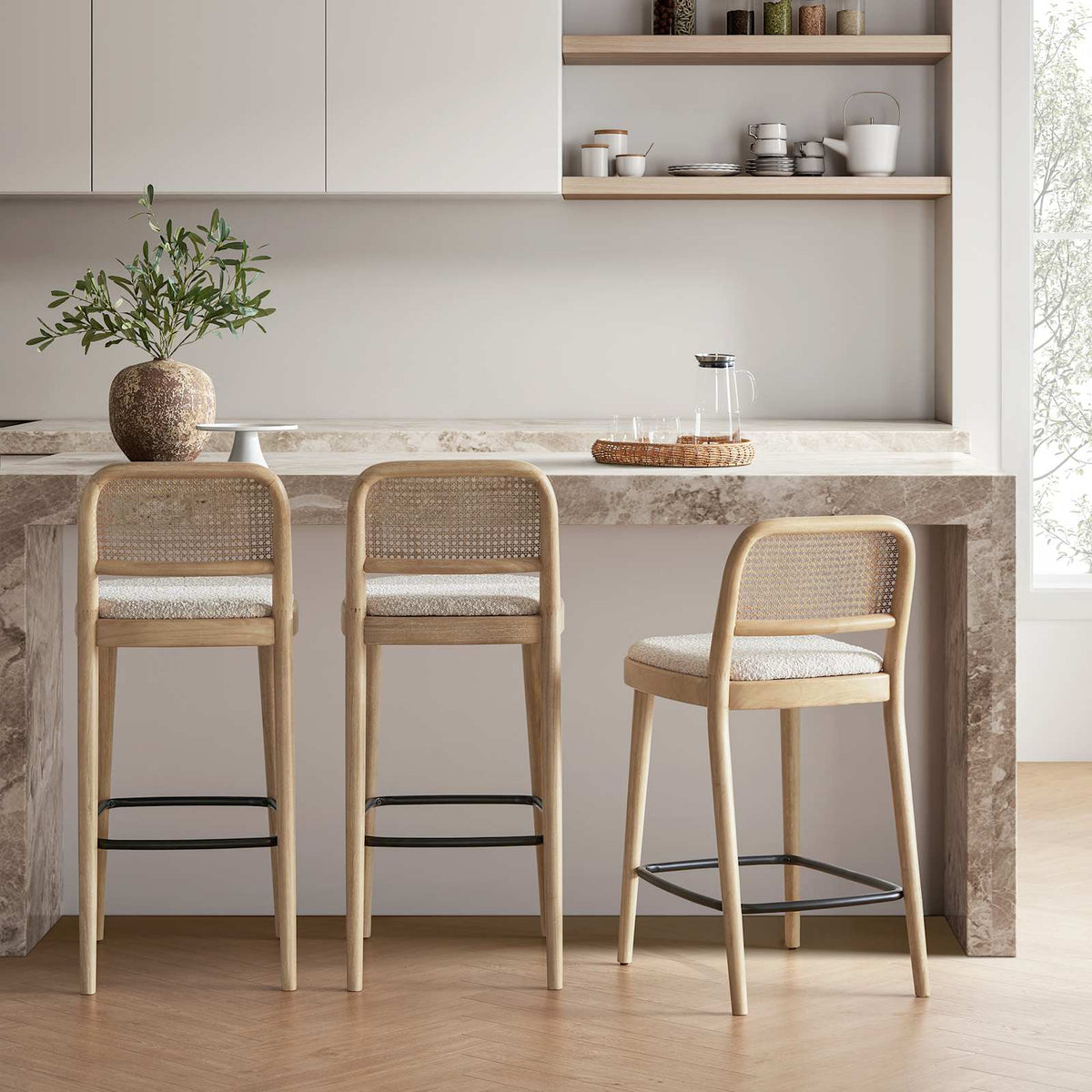 Japandi Cane Bar Stool - Edith, White Wash – view 3