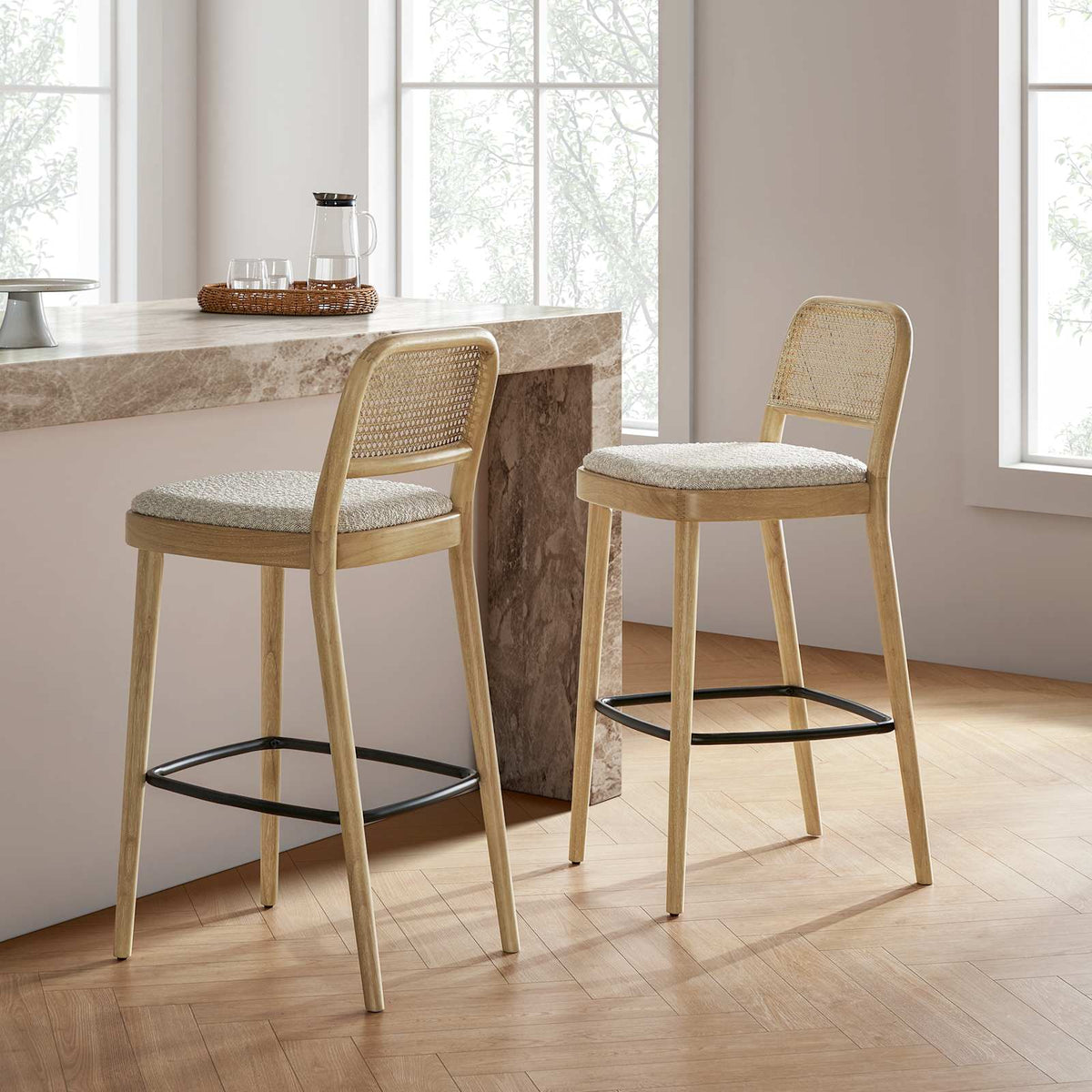 Japandi Cane Bar Stool - Edith, White Wash – in a kitchen