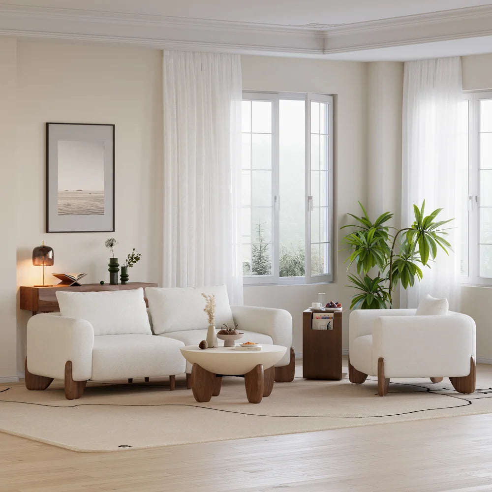 Japandi Wood and Bouclé Sofa
