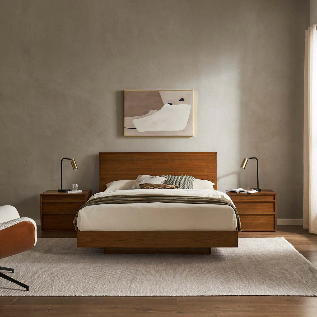 Joseph low walnut bed in a calm Japandi bedroom