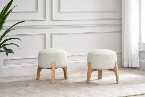 Japandi Wood & Boucle Ottoman