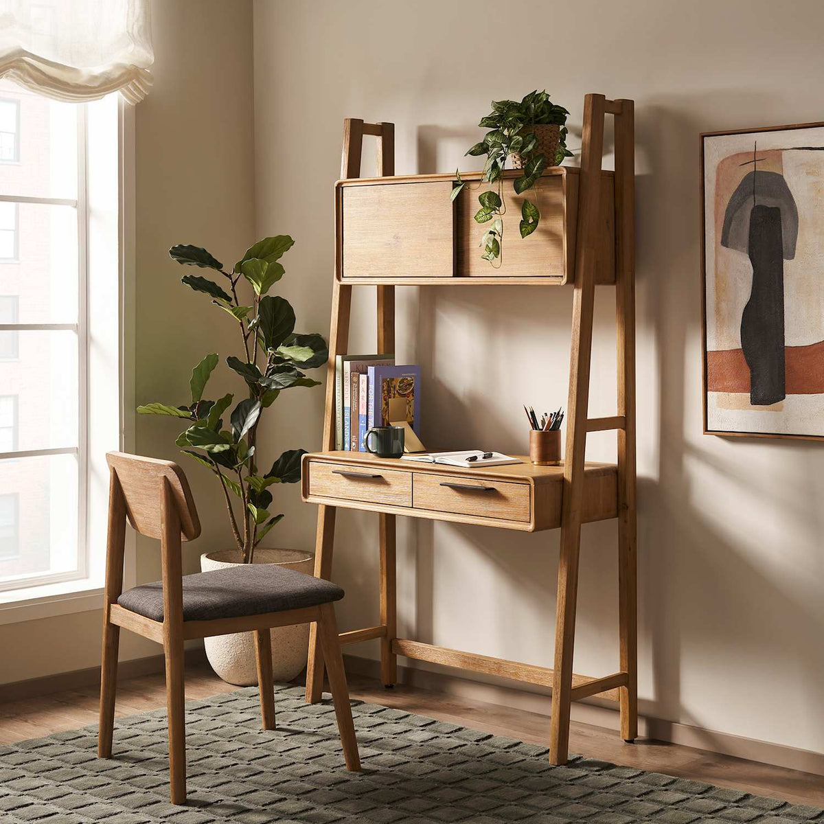 Seb acacia wall desk with chair by a window