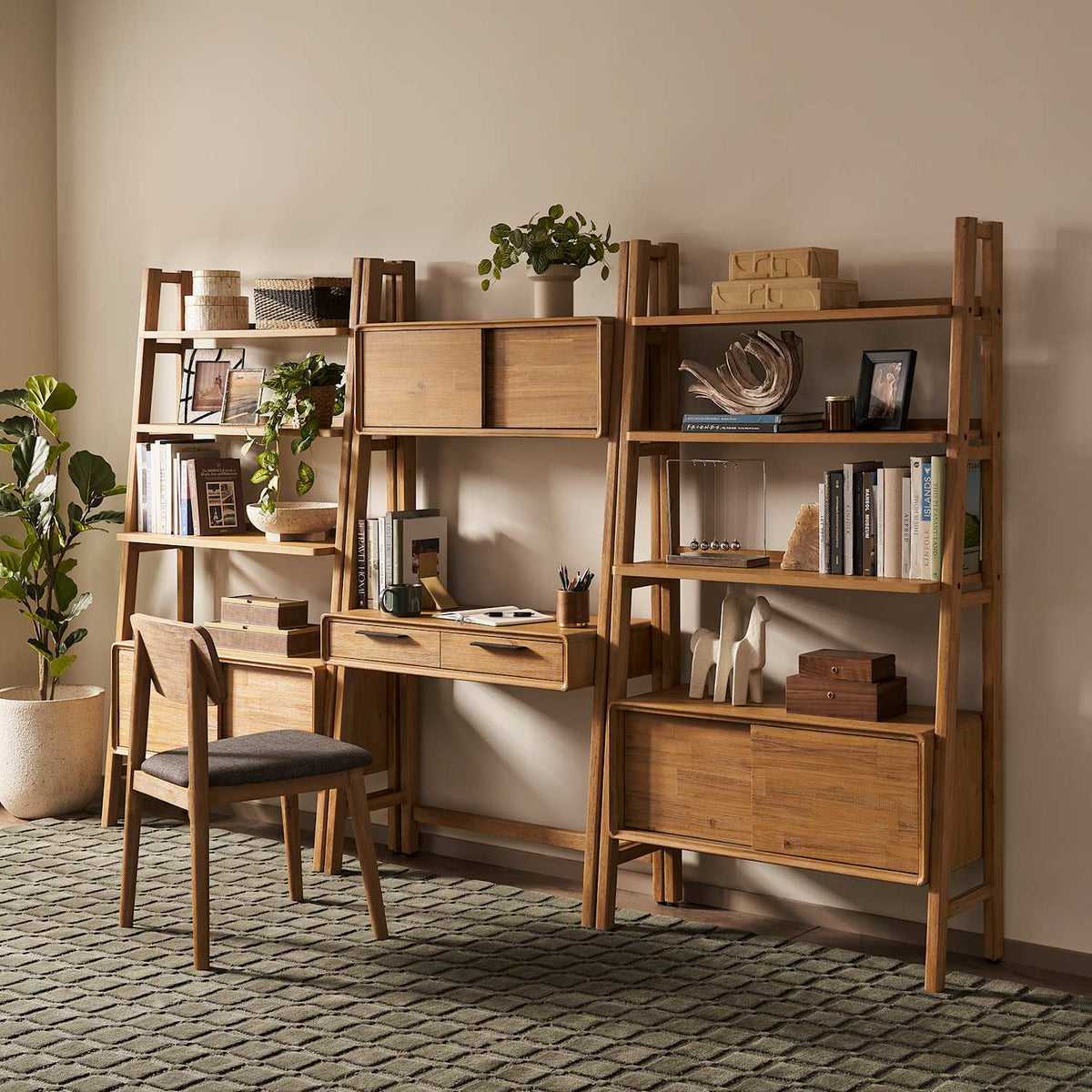 Seb wall desk with two bookshelves forming a home office wall