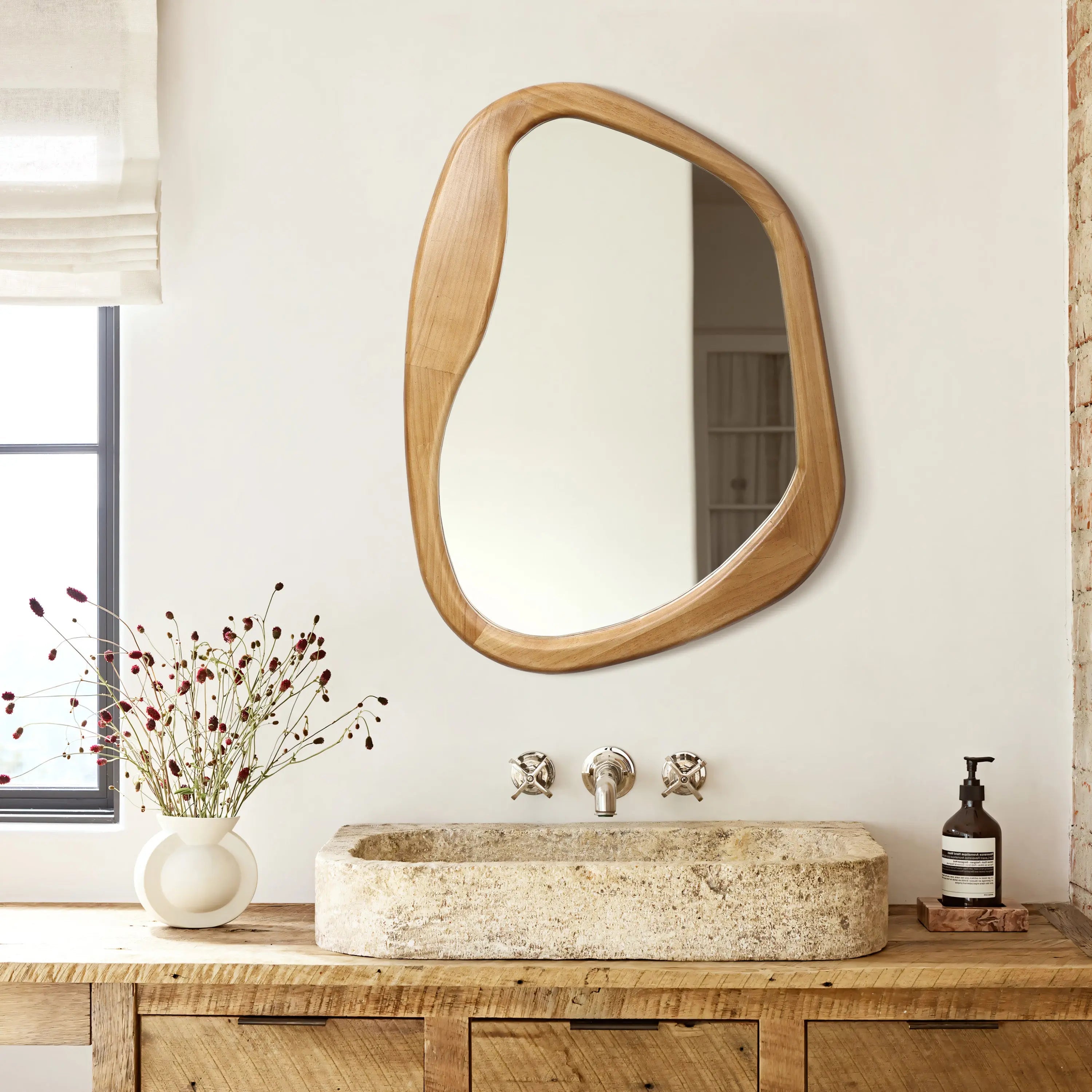 Japandi Oblong Organic Pine Wood Wall Mirror