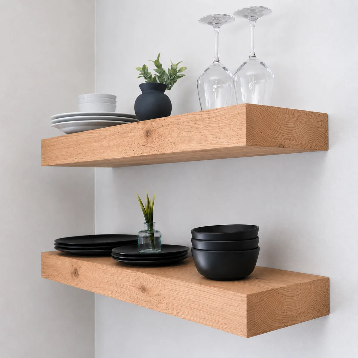 Arzhin natural wood floating shelves with glasses, plates and plants