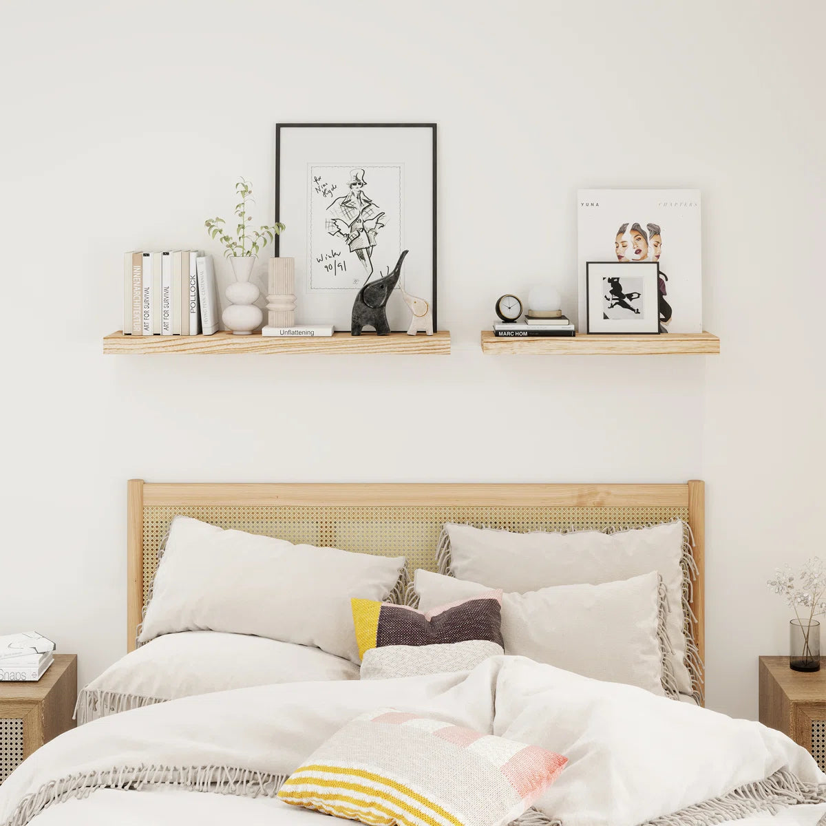 Avnish light wood floating shelf above a bed