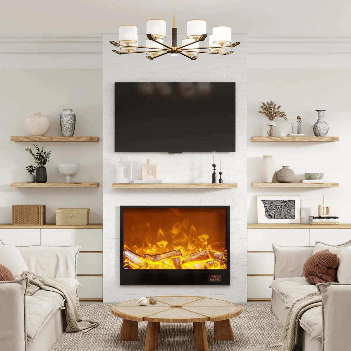 Avnish shelves beside a fireplace in a living room
