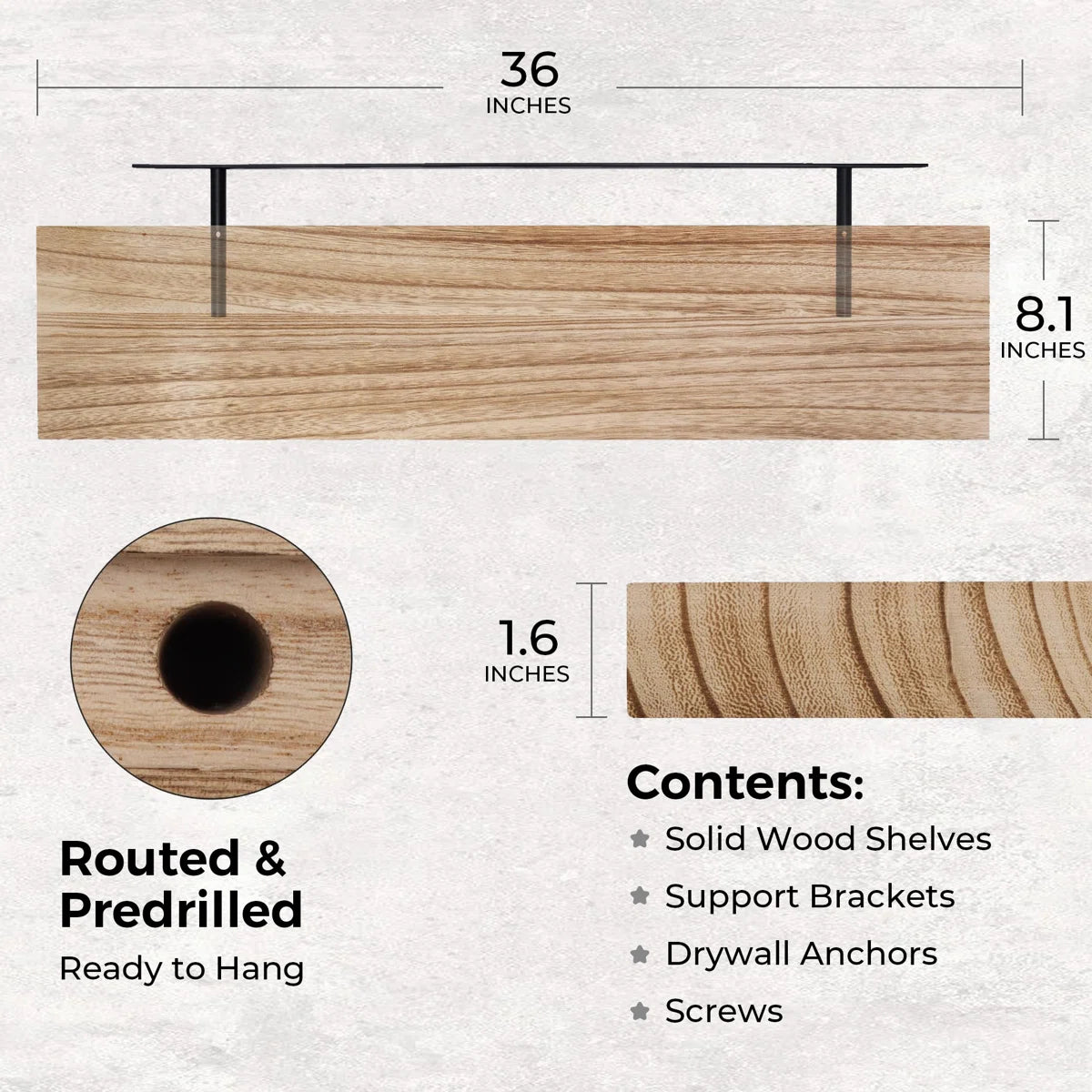 Avnish shelf size and included hardware