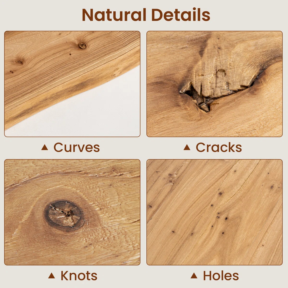 Natural knots and grain of the reclaimed elm