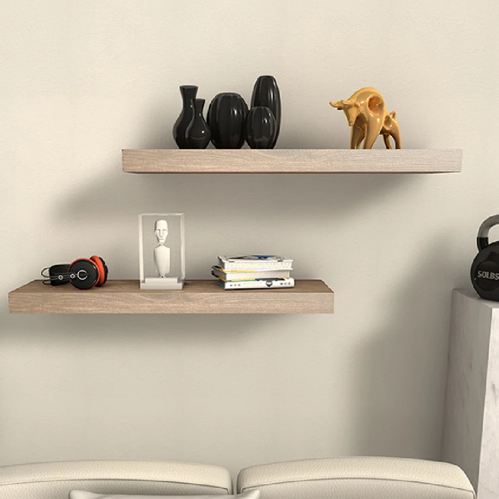 Chalissa shelves styled with vases and a frame