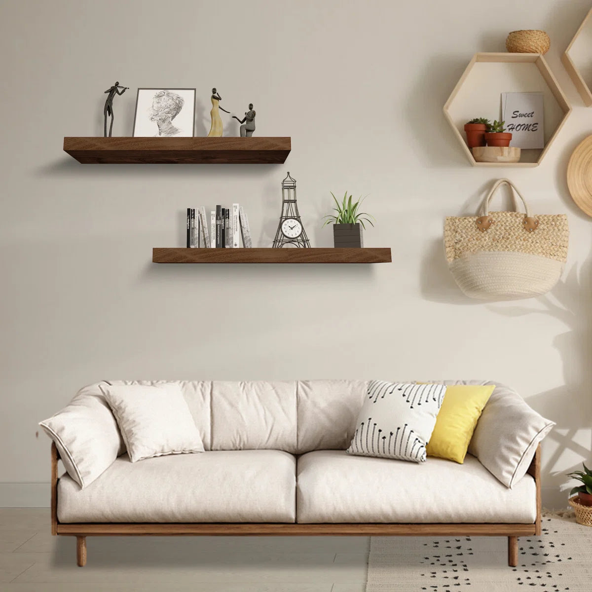 Dodgen walnut floating shelves above a sofa in a bright living room