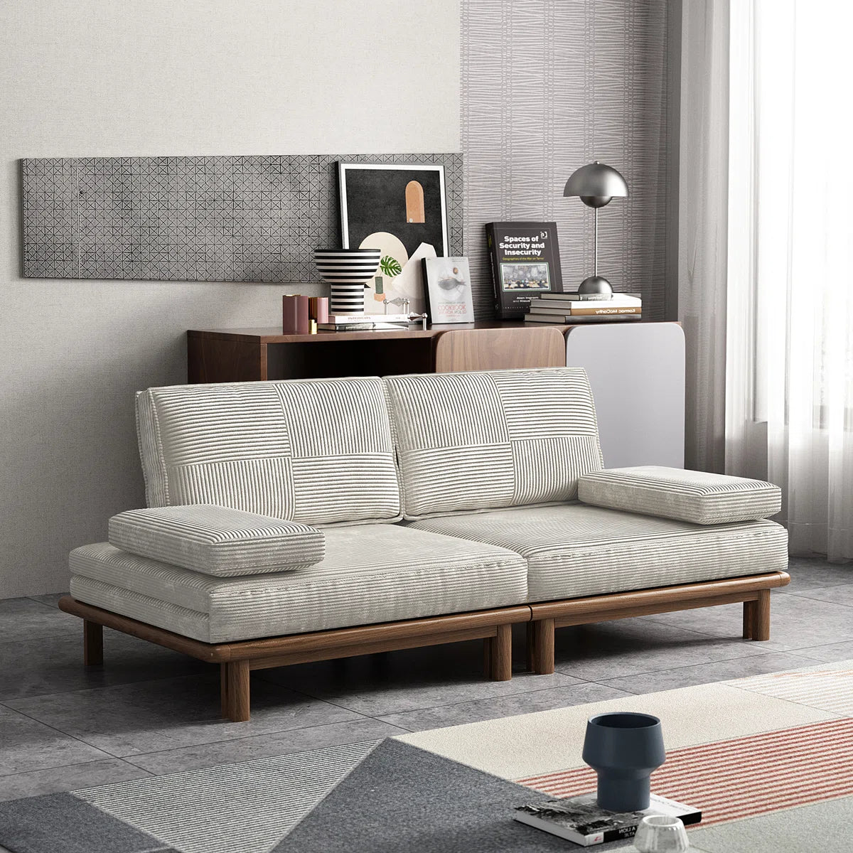 Japandi Ash Wood Sleeper Sofa Gagik in off-white corduroy on a walnut-finish ash base