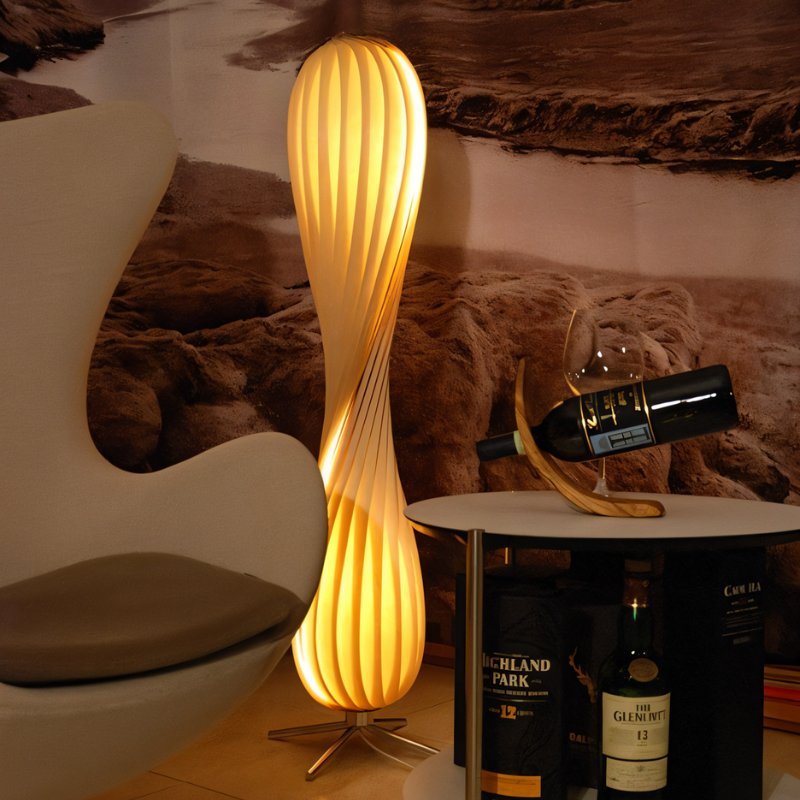 Japandi Curved Brass & Fabric Shade Floor Lamp – Modern Twist