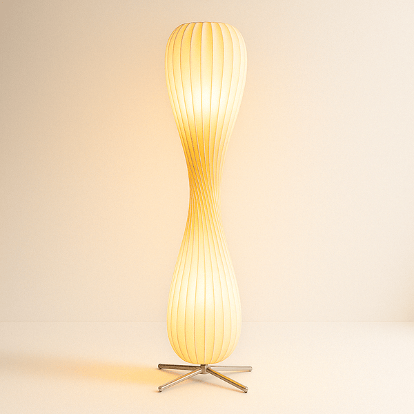 Japandi Curved Brass & Fabric Shade Floor Lamp – Modern Twist