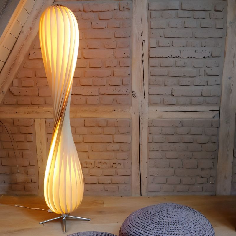 Japandi Curved Brass & Fabric Shade Floor Lamp – Modern Twist