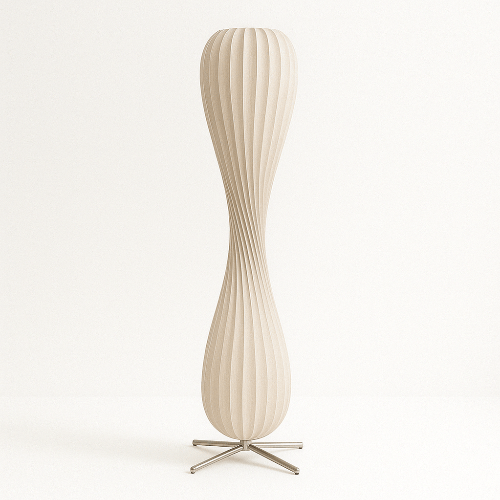 Japandi Curved Brass & Fabric Shade Floor Lamp – Modern Twist