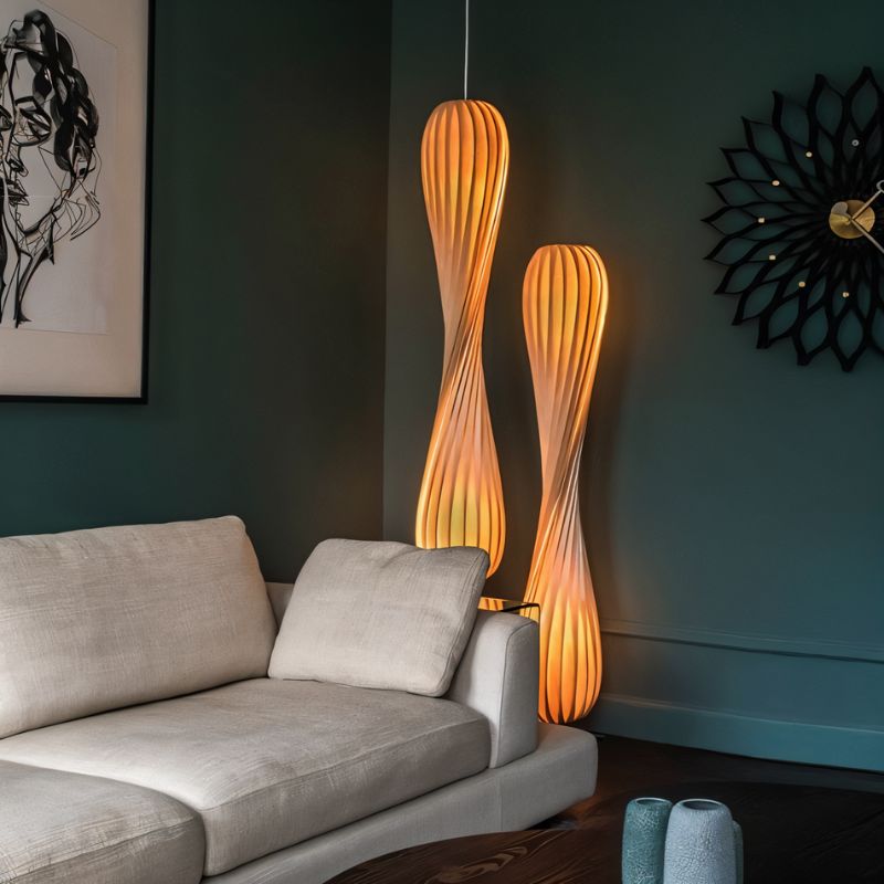 Japandi Curved Brass & Fabric Shade Floor Lamp – Modern Twist