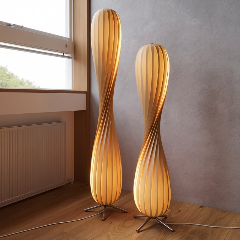 Japandi Curved Brass & Fabric Shade Floor Lamp – Modern Twist