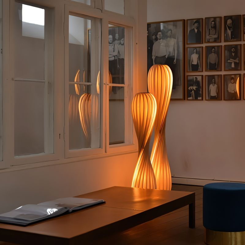 Japandi Curved Brass & Fabric Shade Floor Lamp – Modern Twist