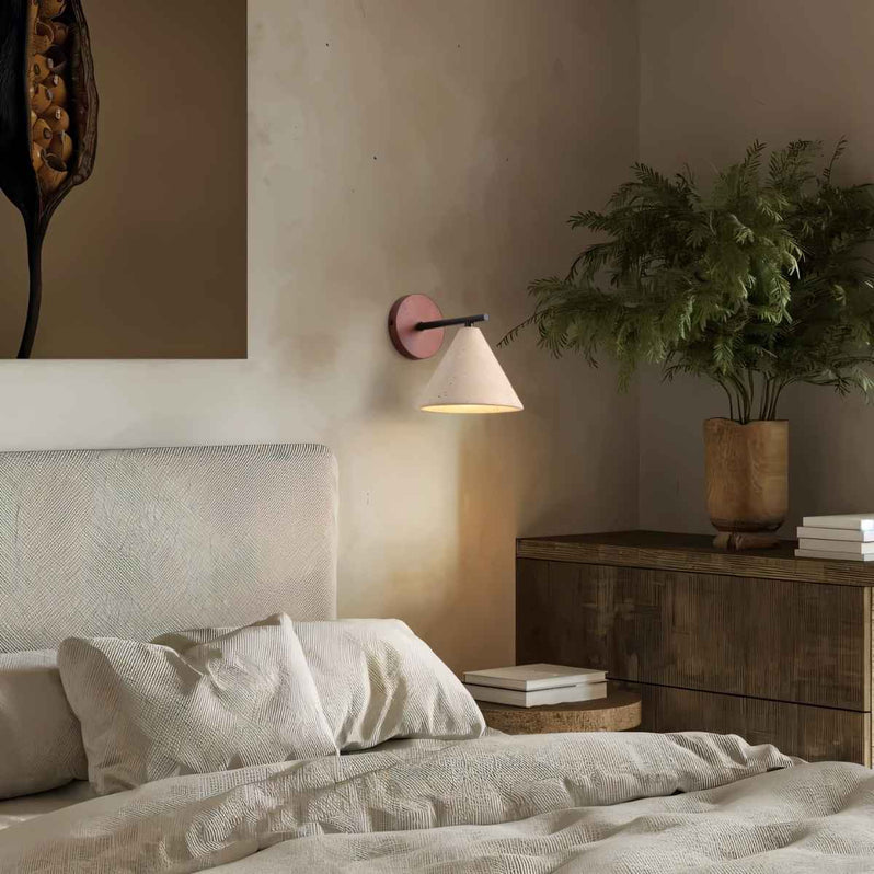 Japandi Carved Travertine Wall Lamp With Brass Detail – Omicil
